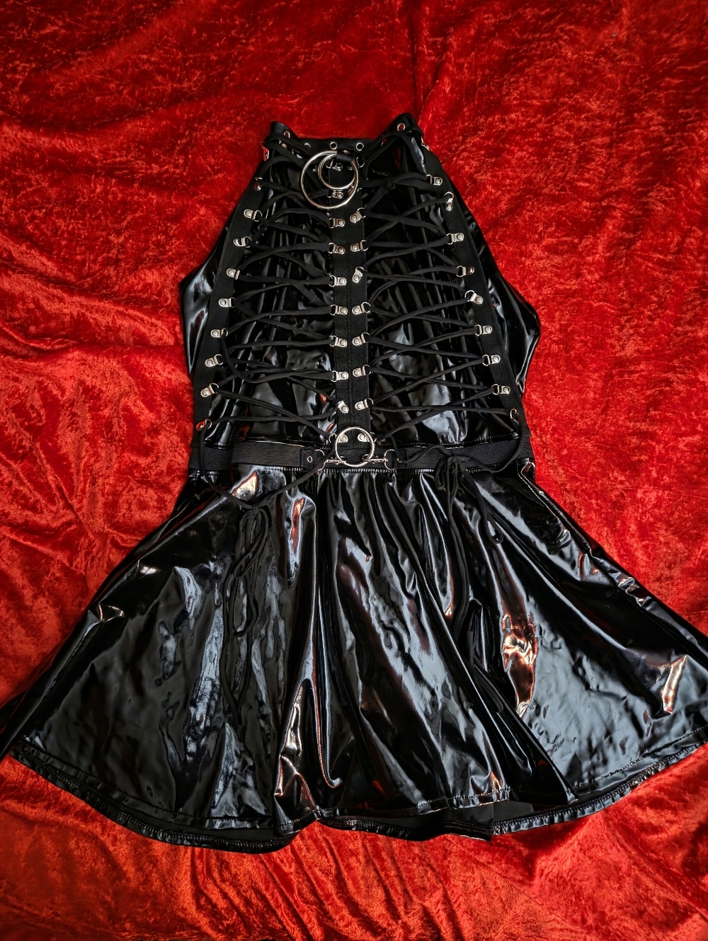 Melanoir - Black Patent Vinyl Lace-Up Halter Skater Dress - Pvc Dress Size XL